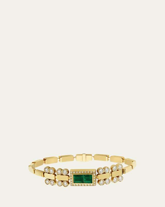 18K Yellow Gold Waterfall Bridge Bracelet with Emerald and Diamonds